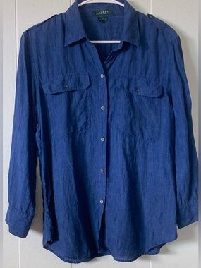 Ralph Lauren Womens SZ XL 100% Linen Indigo Blue Button-Down Shirt
